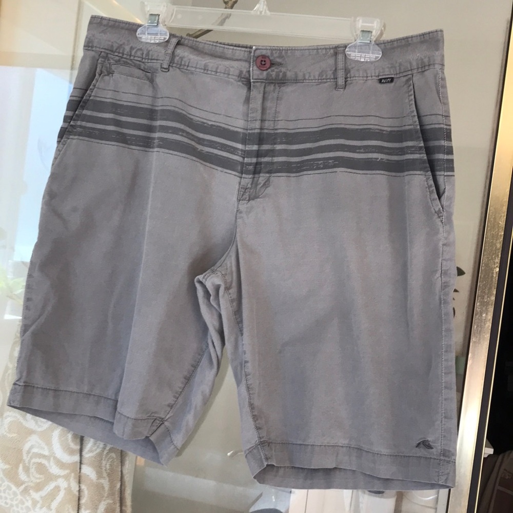 Gray shorts with strip, size 34, light weight, brand Rusty.